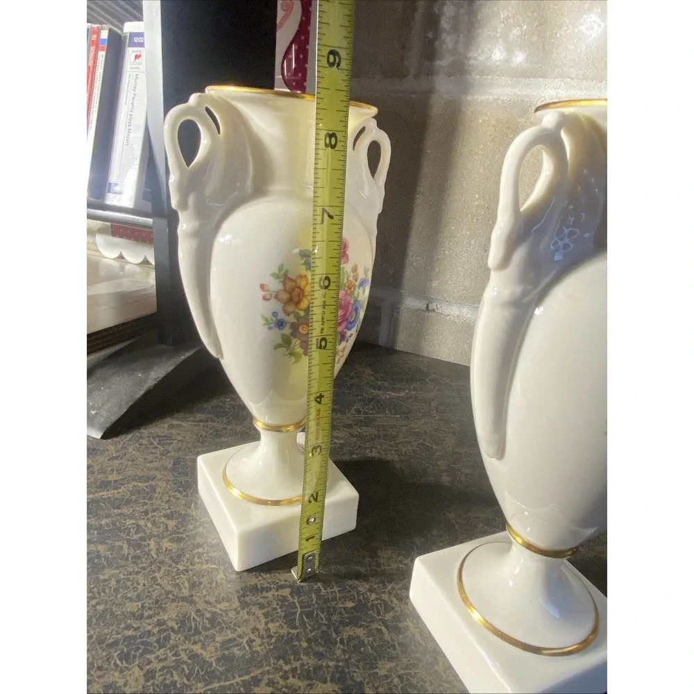 Pair Of Lenox Rose Swan Empire Trophy Vase W/ Swan Handles Green Mark 2262/ J300